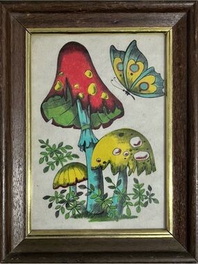 Vintage 70s PSYCHEDELIC Felt Art / MUSHROOMS & Butterfly / 5x7 Inches / FRAMED